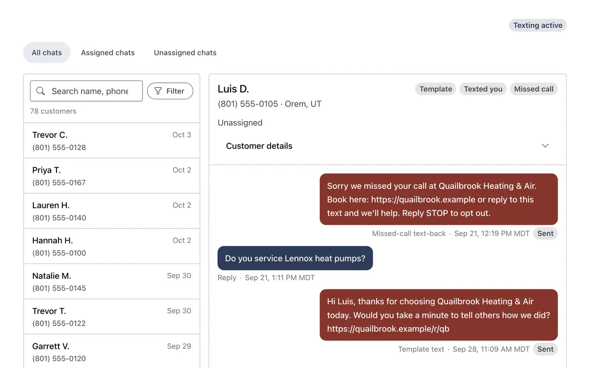 Buzzmax Inbox for a demo account: the customer list beside one conversation, where a missed call gets a text back, the customer asks if they service Lennox heat pumps, and a review request text follows.