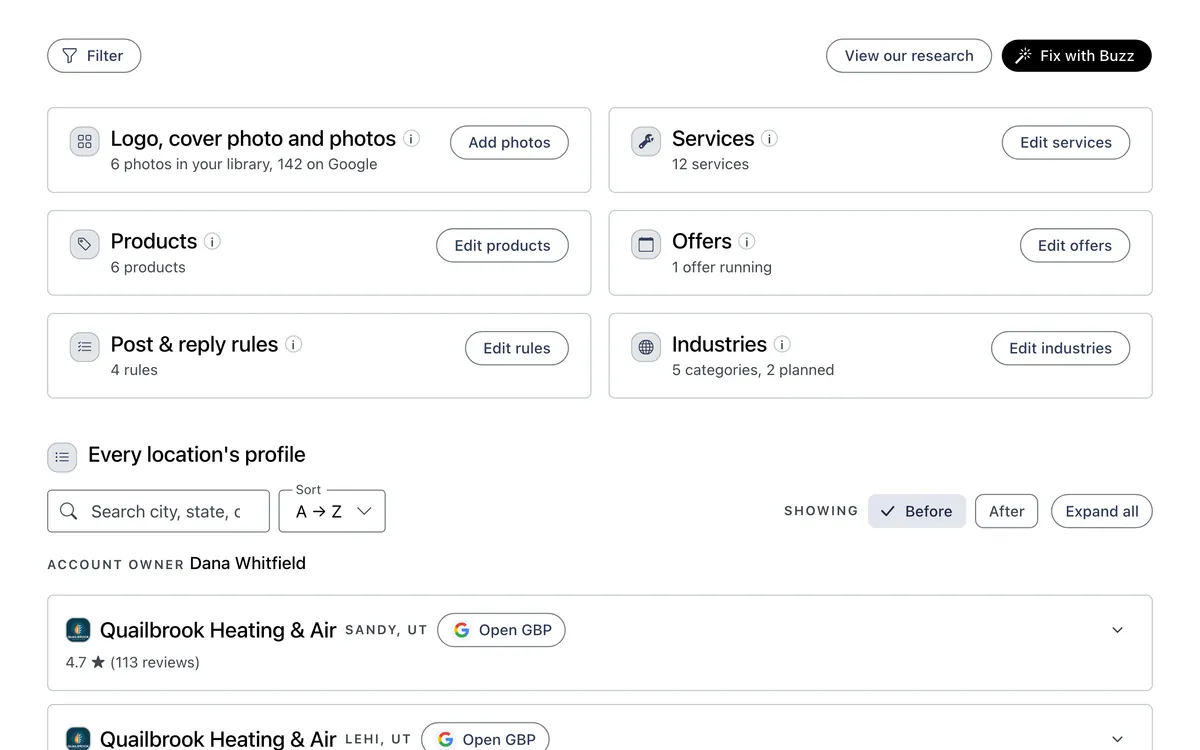 Buzzmax Knowledge Base for a demo account: cards for photos, services, products, offers, post and reply rules and industries, then each location’s profile with its Google link and rating.