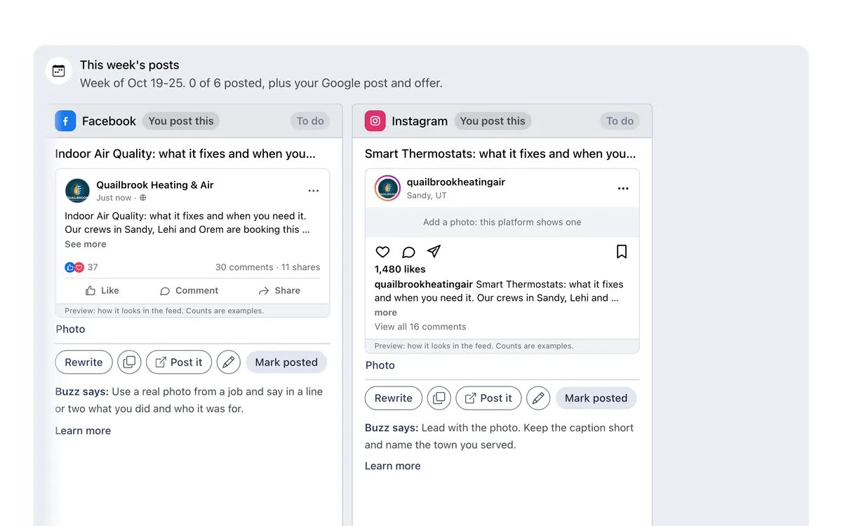 Buzzmax Posts and Ads for a demo account: this week’s posts for Facebook and Instagram, each previewed as it would look in the feed, with Rewrite, Post it and Mark posted buttons.