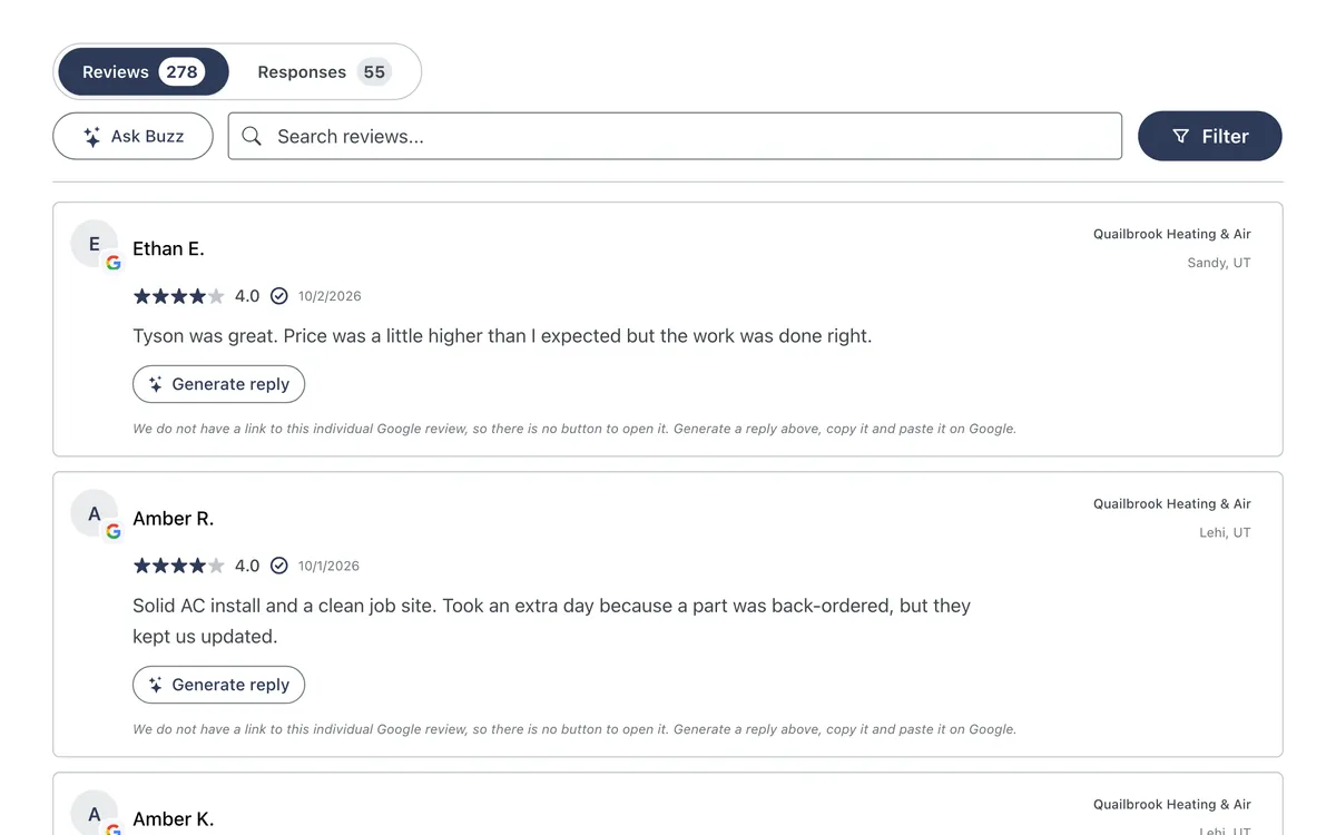 Buzzmax Review Manager for a demo account: the Reviews tab, with Google review cards showing the reviewer, star rating, date and review text, and a Generate reply button on each.