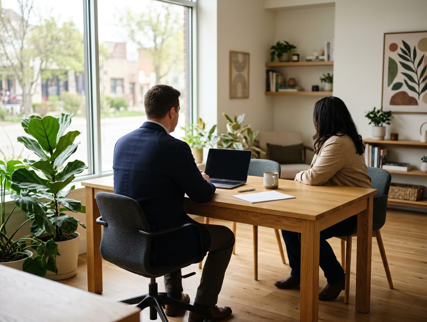 A small lending office with a desk, a laptop and daylight from a large window.