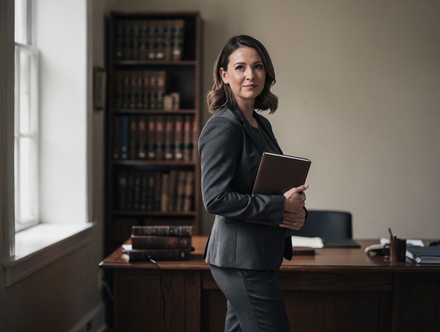 An attorney in a grey suit holding a binder in an office lined with law books.
