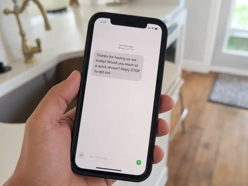 A customer holding a phone that shows a text asking for a quick review, with an opt-out line.