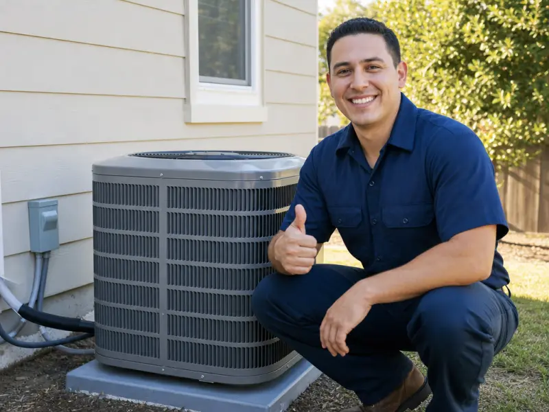 A technician giving a thumbs up beside a newly installed outdoor air conditioner.