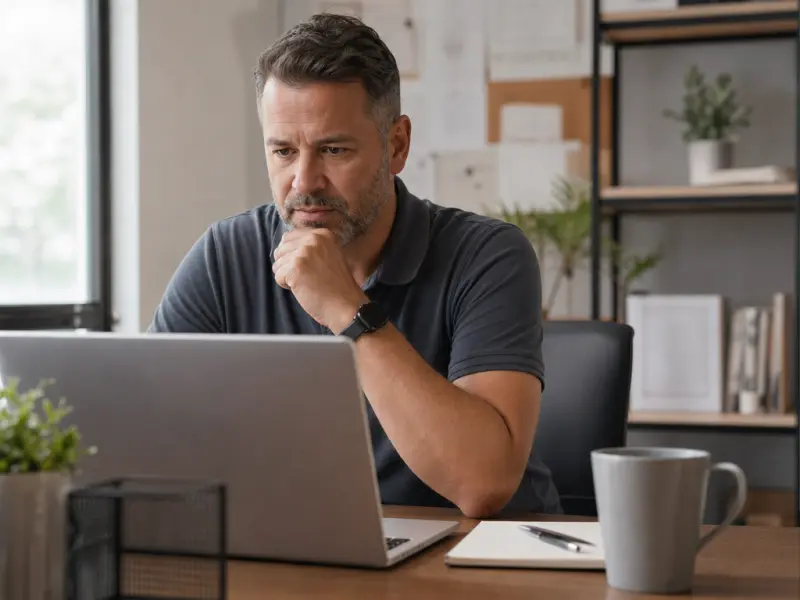 A business owner at a laptop reading a review before replying.